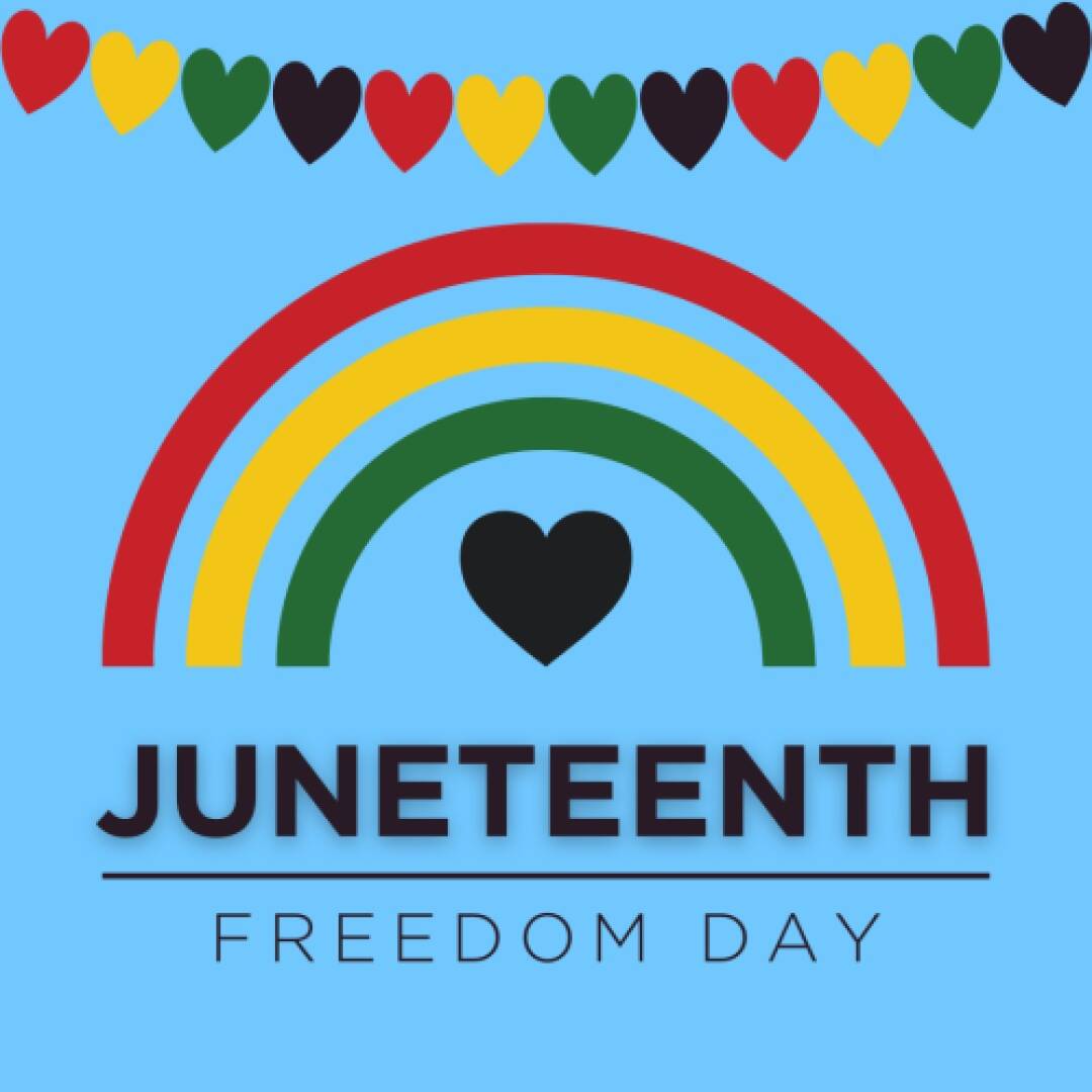 Juneteenth image with a red, yellow, and green rainbow on a blue background. "Juneteenth Freedom Day" text below.